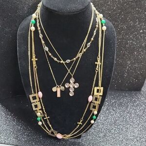 6 Lot Gold-Tone Necklace with Pink and Green Details